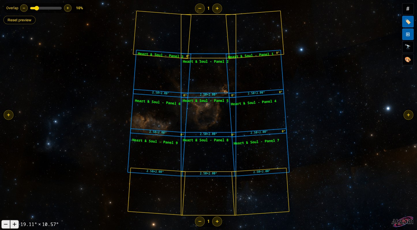 The same mosaic with a predicted row of gold panels added above and below, and the overlap slider and Reset preview button