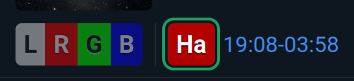 LRGB badges dimmed and an Ha badge with a green ring and its 19:08-03:58 window