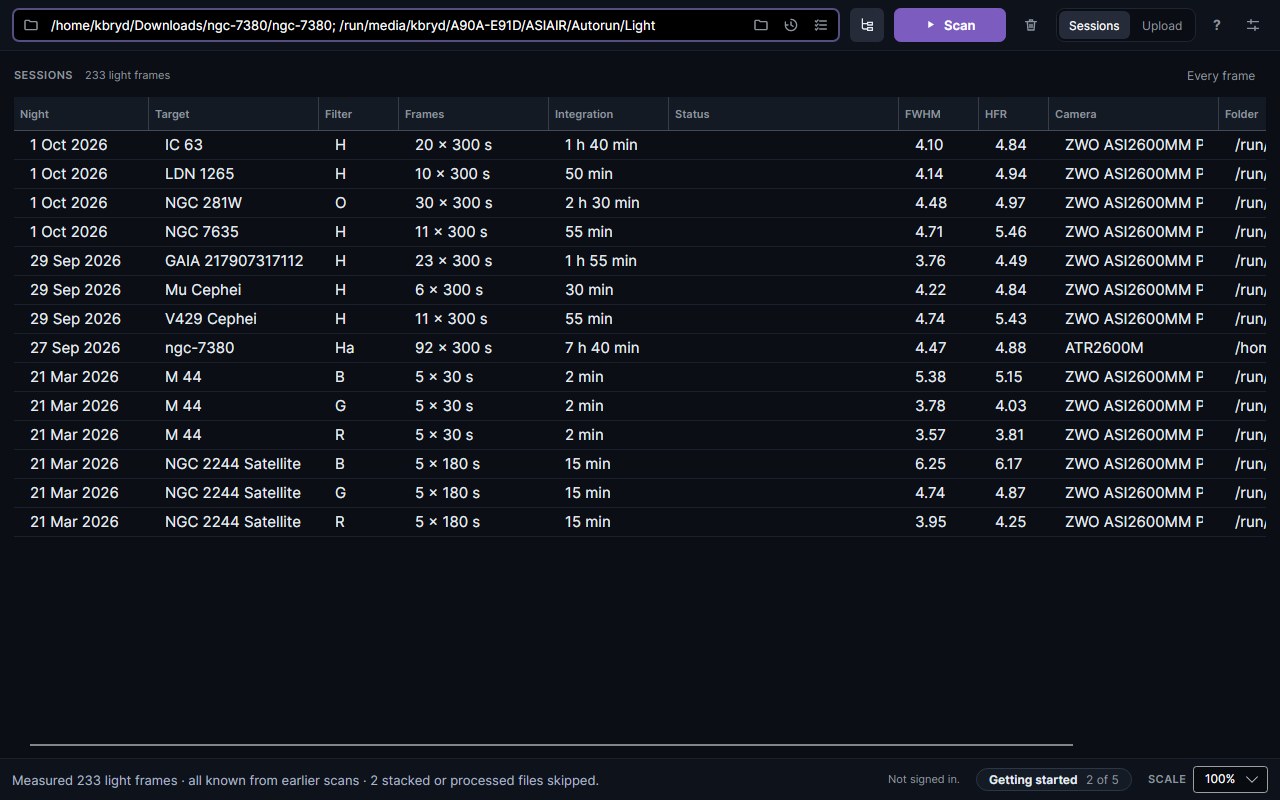 The DeepSkyLog Uploader after a scan: one line per target, night and filter, with frames, integration time and star size