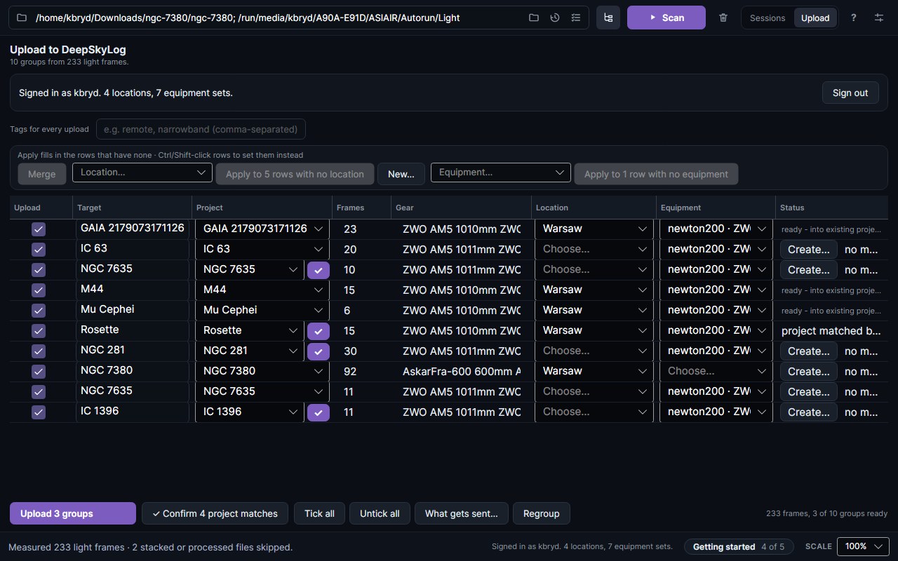 The Upload tab: one row per target and rig, each with its project, frame count, gear, location and equipment, and its status